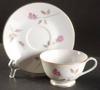 Marquise Rosetta Footed Cup & Saucer Set, Fine China Dinnerware   Pink Roses,Gra