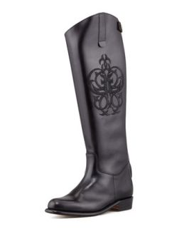 Womens Polished Embroidered Riding Boot, Black   Frye