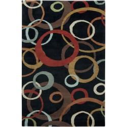 Hand knotted Circles Black Baume Wool Abstract Rug (33 X 53)