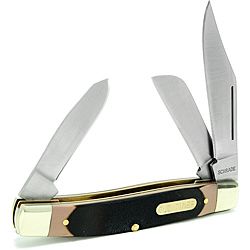 Schrade Old Timer Senior Pocket Knife (Black, brownClip point, sheeps foot, and three spey stainless steel bladesMade of a durable delrin material with sure grip, the handles are saw cut and unbreakableBlade length 3 inchesHandle length 3.9 inchesOveral