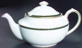 Spode Tuscana Teapot & Lid, Fine China Dinnerware   Bone, Green Band, Gold Trim