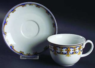 Vista Alegre Caradana Flat Cup & Saucer Set, Fine China Dinnerware   Blue & Yell