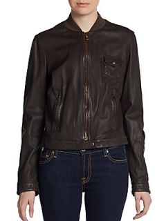 Zip Front Leather Bomber Jacket   Brown