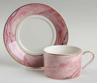 Mikasa Travertine Rose Flat Cup & Saucer Set, Fine China Dinnerware   Coral&Blac