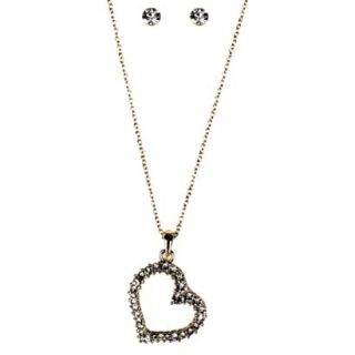 Studded Hollow Heart Pendant Necklace and Stud Earrings Set   Clear/Gold