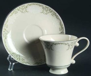 Pickard Cameo Footed Cup & Saucer Set, Fine China Dinnerware   Green Leaves & Wh