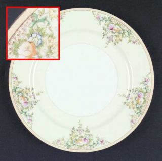 Meito Mei358 Dinner Plate, Fine China Dinnerware   Yellow Band, Flowers, Cream,