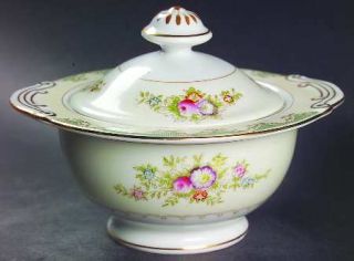 Sone Son9 Sugar Bowl & Lid, Fine China Dinnerware   Green Border, Floral Sprays