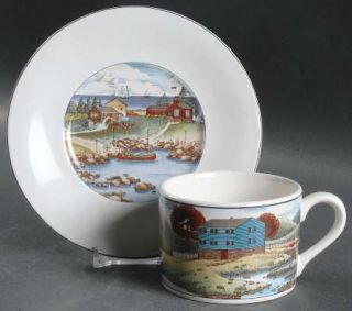 Epoch Pioneer Bay Flat Cup & Saucer Set, Fine China Dinnerware   Houses, Barns,