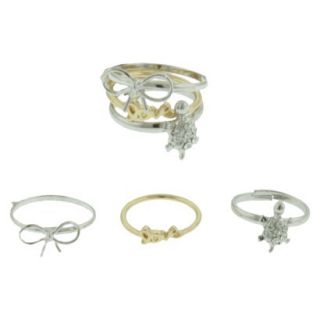 Womens Three Piece Midi Ring Set with Love, Bow and Turtle rings   Silver/Gold