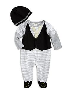 Miniclasix Infants Striped Vest Footie & Hat Set   Grey Black