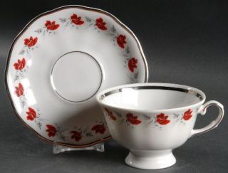 Favolina Rosepath Footed Cup & Saucer Set, Fine China Dinnerware   Red Roses,Gra