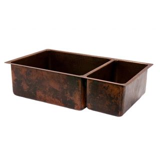 Hammered Copper 33 inch 75/25 Double Basin Kitchen Sink (Oil rubbed bronzeInstallation type Under counter or surface mountCountertop depth required 22 inches front to backMaterial gauge 14 gauge or .0625 inchesDivider 1 inch wide(optimized)Drain size