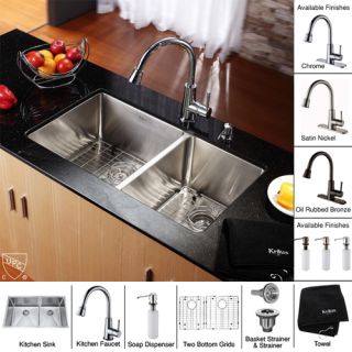 Kraus KHU10333KPF2220KSD30ORB 33 inch Undermount Double Bowl Stainless Steel Kitchen Sink with Oil Rubbed Bronze Kitchen Faucet and Soap Dispenser