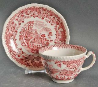 Enoch Wood & Sons Seaforth Pink (Rope/Scallop) Flat Cup & Saucer Set, Fine China