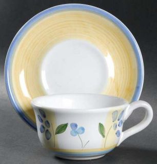 Caleca Zafferano Flat Cup & Saucer Set, Fine China Dinnerware   Blue Flowers,Lea