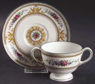Wedgwood Columbia White (Medallion,Green Trim) Footed Bouillon Cup & Saucer, Fin