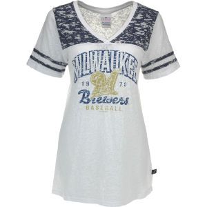 Milwaukee Brewers 5th and Ocean MLB Womens V Neck Burnout with Sleeve Stripe