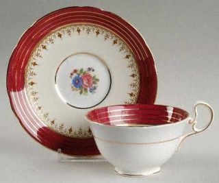 John Aynsley Dorchester Maroon Footed Cup & Saucer Set, Fine China Dinnerware  