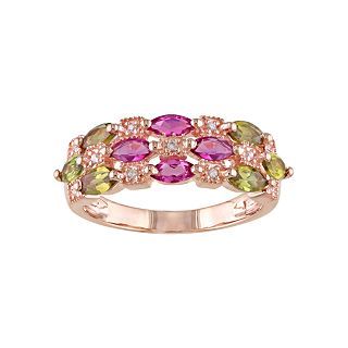 ONLINE ONLY   3 Row Genuine Pink & Green Tourmaline & CZ Ring, Womens