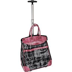 Rolling Multipurpose Tote In Plaid With Pink Faux snakeskin Trim
