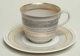 Sascha Brastoff Roman Coin Flat Cup & Saucer Set, Fine China Dinnerware   Gold A