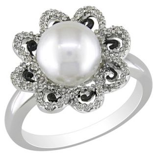 Sterling Silver Diamond and Freshwater Pearl Black Resin Ring