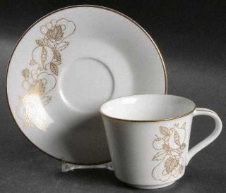 Noritake Della Robbia Flat Cup & Saucer Set, Fine China Dinnerware   White, Gold