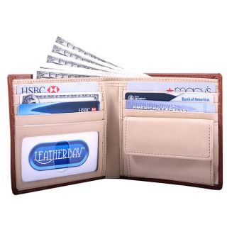 Leatherbay Mens Tan Bi fold Coin Pocket Wallet