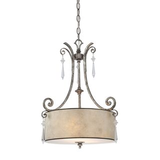 Quoizel Kendra 3 light Pendant (Steel Requires two (2) 100 watt A19 medium base bulbs (not included)Finish Mottled silverDimensions 22 inches high x 17 inches deep Shade 14.5 x 5.5Weight 7 poundsThis fixture does need to be hard wired. Professional in