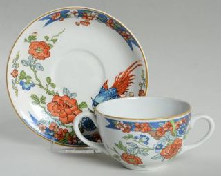Enoch Wood & Sons Woo1 Flat Bouillon Cup & Saucer, Fine China Dinnerware   Blue