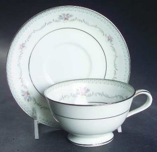 Noritake Belfort Footed Cup & Saucer Set, Fine China Dinnerware   Gray Scrolls,