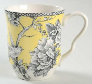 222 Fifth (PTS) Adelaide Yellow Mug, Fine China Dinnerware   Black Floral & Bird