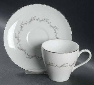 Mikasa Josephinia Flat Cup & Saucer Set, Fine China Dinnerware   Ring Of Gray&Wh