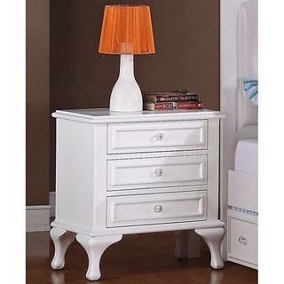 Jeslyn 3 drawer White Nightstand (Solid pine/ MDF/ hardwood veneersFinish Crisp white Drawers feature center guided wood on wood glidesDust proofing under the bottom drawers Dimensions 26 inches high x 24 inches wide x 16 inches deepAccessories are NOT 