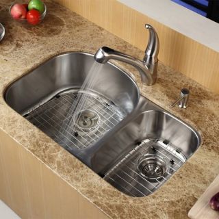 Kraus KBU23KPF2110SD20 32 inch Undermount Double Bowl Stainless Steel Kitchen Sink with Kitchen Faucet and Soap Dispenser