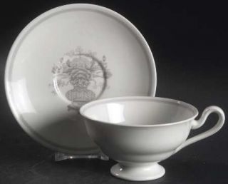 Spode Ming Gray (Smooth,No Trim) Footed Cup & Saucer Set, Fine China Dinnerware