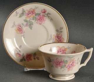 Syracuse Elberta Footed Cup & Saucer Set, Fine China Dinnerware   Pink & Yellow