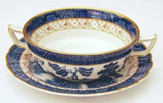 Booths Real Old Willow Blue Flat Cream Soup Bowl & Saucer Set, Fine China Dinner