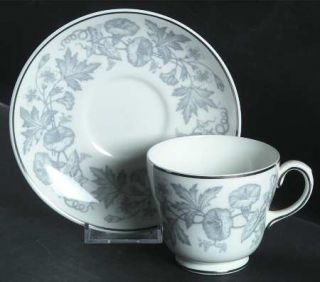 Wedgwood Wildflower Grey Footed Cup & Saucer Set, Fine China Dinnerware   Gray F