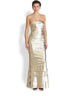 RENE RUIZ Tiered Metallic Strapless Convertible Dress/Gown   Gold Silver