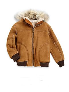 Dolce & Gabbana Boys Hooded Fur Trim Leather Jacket   Brown