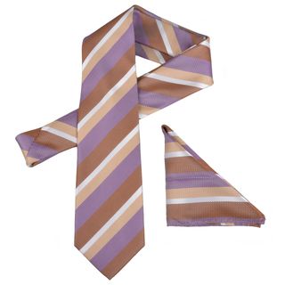Vance Mens Beige/purple Striped Silk Touch Microfiber Tie And Hanky Set