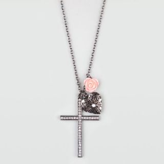 Rhinestone Cross/Heart/Flower Charm Necklace Hematite One Size For Wom