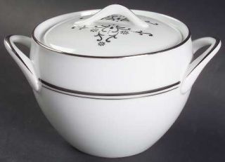 Style House Granada Sugar Bowl & Lid, Fine China Dinnerware   Black Scroll Cente