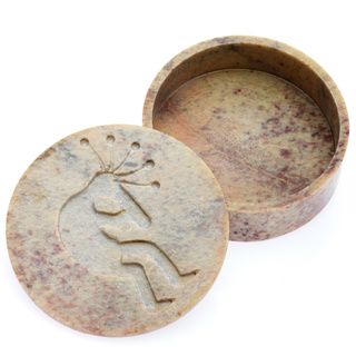 Kokopelli Engraved Soapstone Jewelry Box (Natural with engravingIncludes One (1) box with lidDimensions 4 inches diameter x 1.5 inches tall )