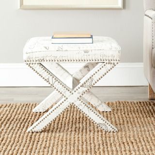 Safavieh X bench Nailhead French Script White Ottoman (WhiteMaterials Cotton linen blend fabric and woodFinish WhiteDimensions 19 inches high x 21 inches wide x 21 inches deep )