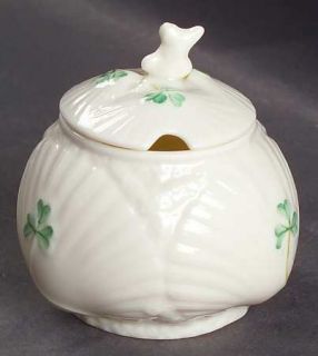 Belleek Pottery (Ireland) Shamrock Mustard Jar & Lid, Fine China Dinnerware   Ba