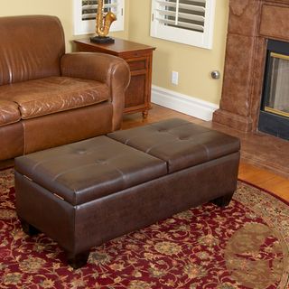 Christopher Knight Home Merrill Double Opening Chocolate Brown Leather Storage Ottoman (Chocolate brown No assembly required Double opening for added storage options and functionality Product dimensions 17.5 inches high x 21 inches wide x 46.5 inches lon