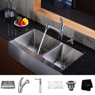 Kraus Kitchen Combo Set Stainless Steel Sat in Farmhouse Sink With Faucet